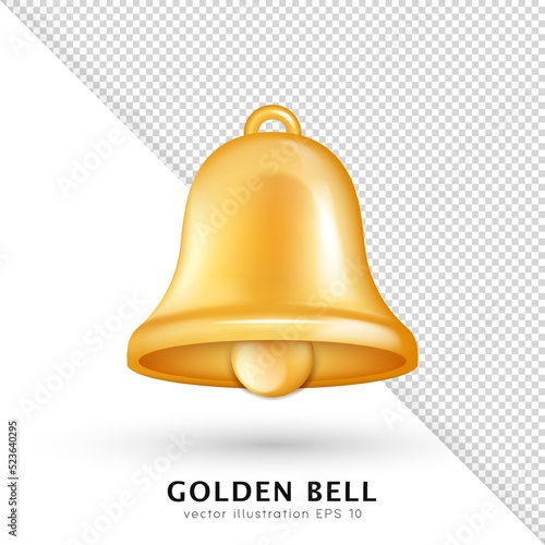 Three dimensional golden glossy bell isolated on white and transparent background. Realistic shiny cartoon bell with highlights and shadow. Vector illustration eps 10.
