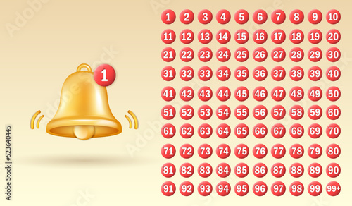 Three dimensional golden shiny bell with red notifications. Notice buttons with numbers from 1 to 99+. New message, subscribe concept for social network, media, mobile apps, etc