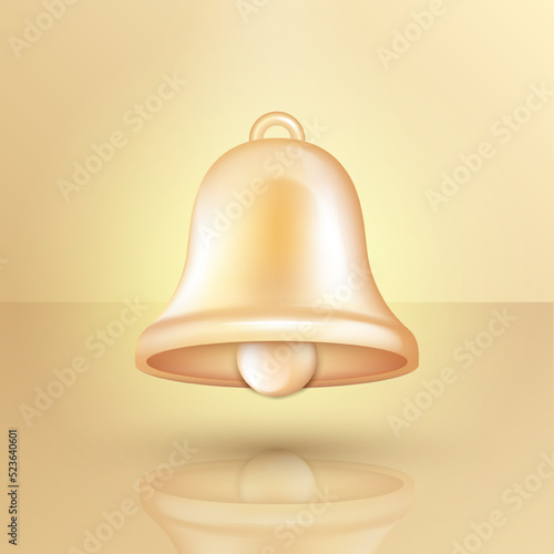 Three dimensional golden glossy bell isolated on golden podium. Realistic shiny cartoon bell with highlights and shadow. Vector illustration eps 10.