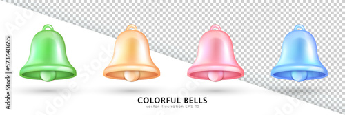Collection of four colorful bells - green, golden, pink and blue. 3d rendering cartoon shiny bells isolated on white and transparent background. Vector illustration eps 10