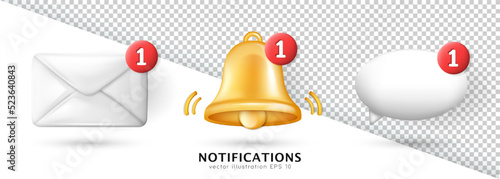 Ringing bell with red notification button isolated on white and transparent background. Alarmclock, attention, alert, signal, new message, new subscriber, reminder 3d icons