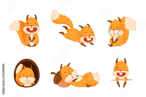 Funny Orange Squirrel Character with Bushy Tail Engaged in Different Activity Vector Set