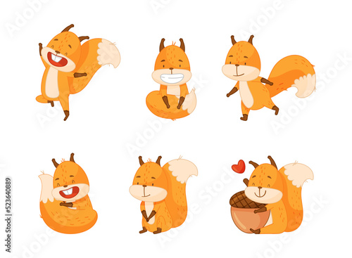 Funny Orange Squirrel Character with Bushy Tail Engaged in Different Activity Vector Set