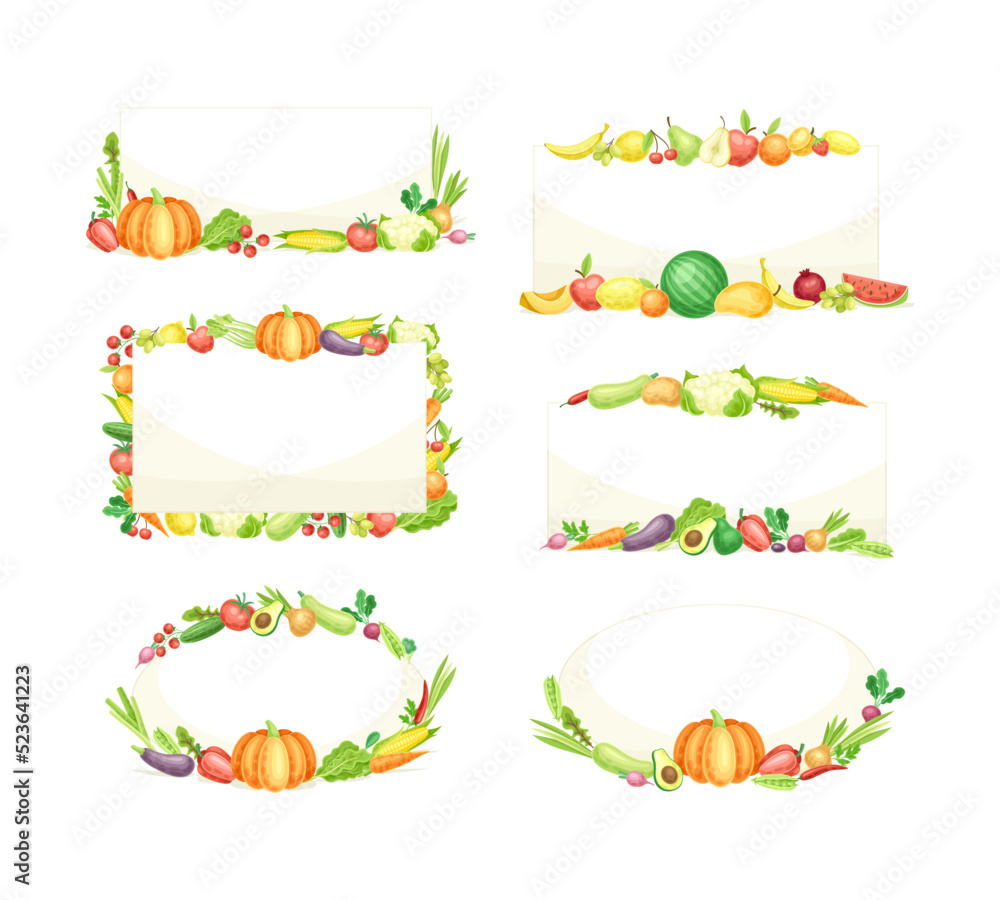 Set of frames and borders made of ripe fresh vegetables. Organic healthy food graphic element for your own design cartoon vector illustration