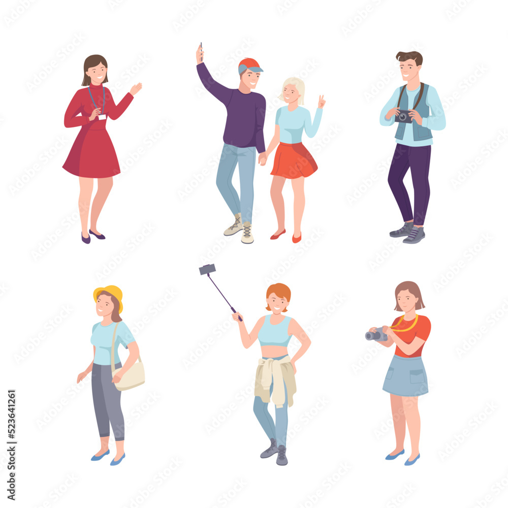 People Tourist Character on Excursion or Sightseeing Tour Vector Set