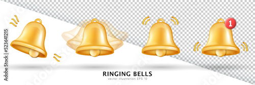 Collection of 5 different ringing bells isolated on white and transparent background. Alarmclock, attention, alert, signal, new message, new subscriber, reminder 3d icons for social media, mobile apps photo