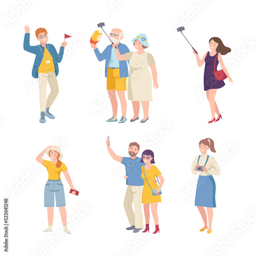 Group of tourists travelling with guide. Happy people sightseeing and taking photo at excursion cartoon vector illustration