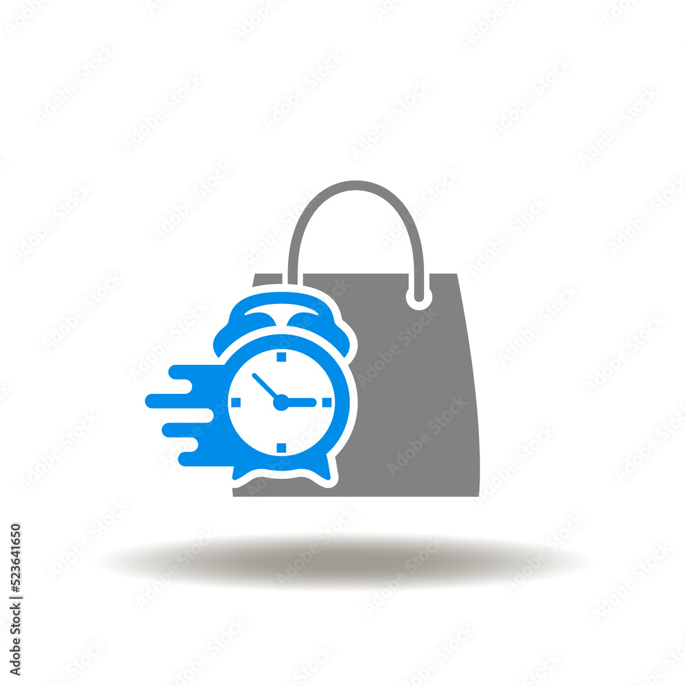 Vector illustration of shopping bag with alarm clock. Icon of shopping sale, discount. Symbol of delivery goods. Sign of GDP Good Distribution Practice. Vector illustration of shopping bag with alarm clock. Icon of shopping sale, discount. Symbol of delivery goods. Sign of GDP Good Distribution Practice.