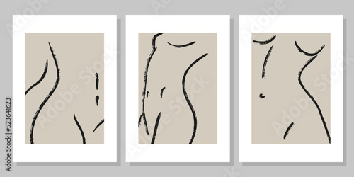 Trendy line art woman body prints set. Female Figure contemporary aesthetic poster. Modern Scandinavian Design. Naked Body Art. Minimalistic black lines drawing. Vector