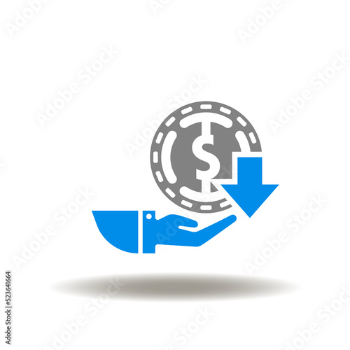 Vector illustration of hand holding coin with arrow down. Icon of reduce fee. Symbol of no commission, zero commission, low payment percentage. Sign of no hidden fees.
