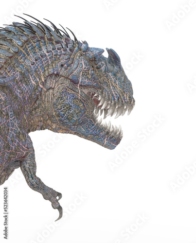 dinosaur monster is walking way on white background rear close up view © DM7