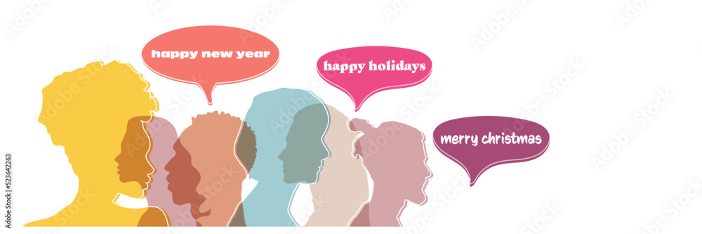 Man and woman head silhouettes with colorful speech bubbles with text Merry Christmas, happy holidays