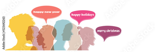 Wallpaper Mural Man and woman head silhouettes with colorful speech bubbles with text Merry Christmas, happy holidays Torontodigital.ca