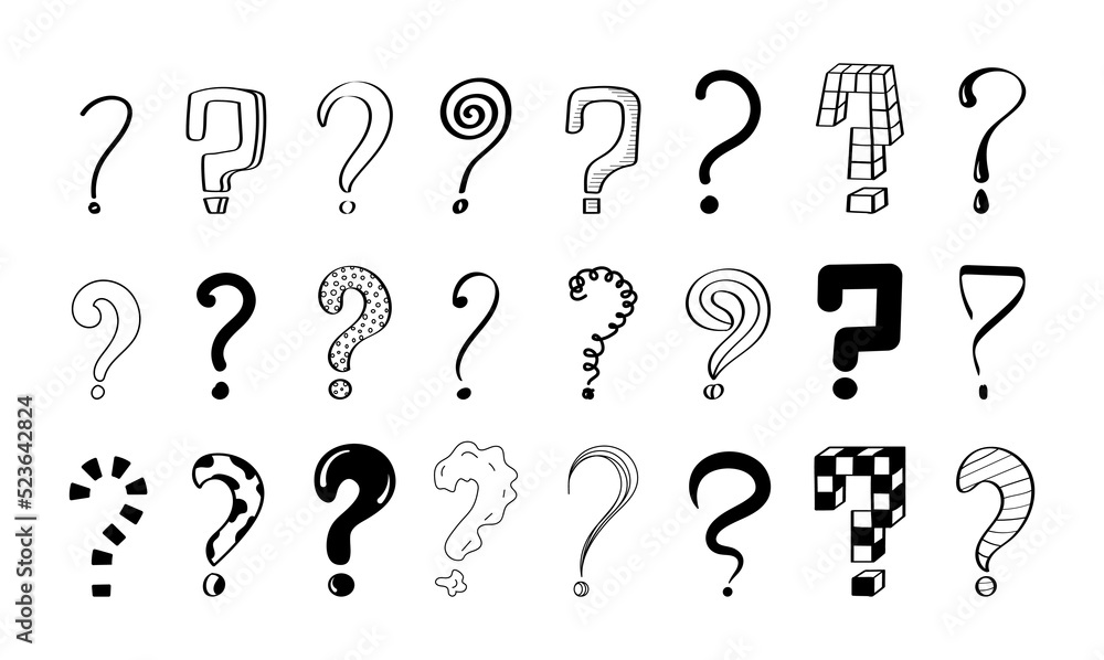 Question marks vector set. Ask signs in doodle, sketch style. Pen, inky punctuation icons. Interrogation symbols for expressing problems or difficulty. Question marks vector set. Ask signs in doodle, sketch style. Pen, inky punctuation icons. Interrogation symbols for expressing problems or difficulty.