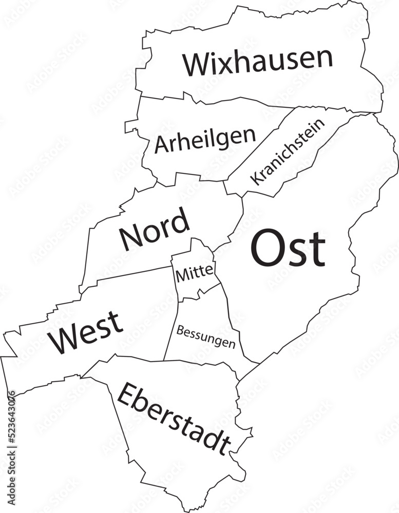 Fototapeta White flat vector administrative map of DARMSTADT, GERMANY with name tags and black border lines of its districts