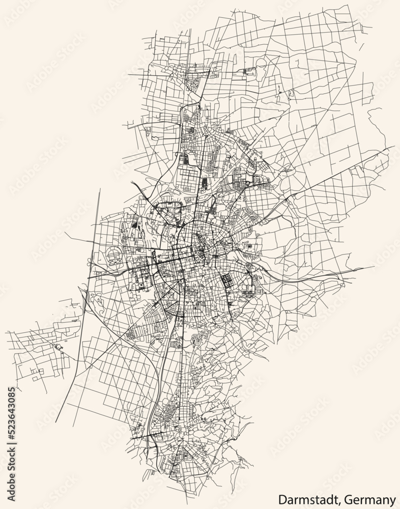 Detailed navigation black lines urban street roads map of the German regional capital city of DARMSTADT, GERMANY on vintage beige background
