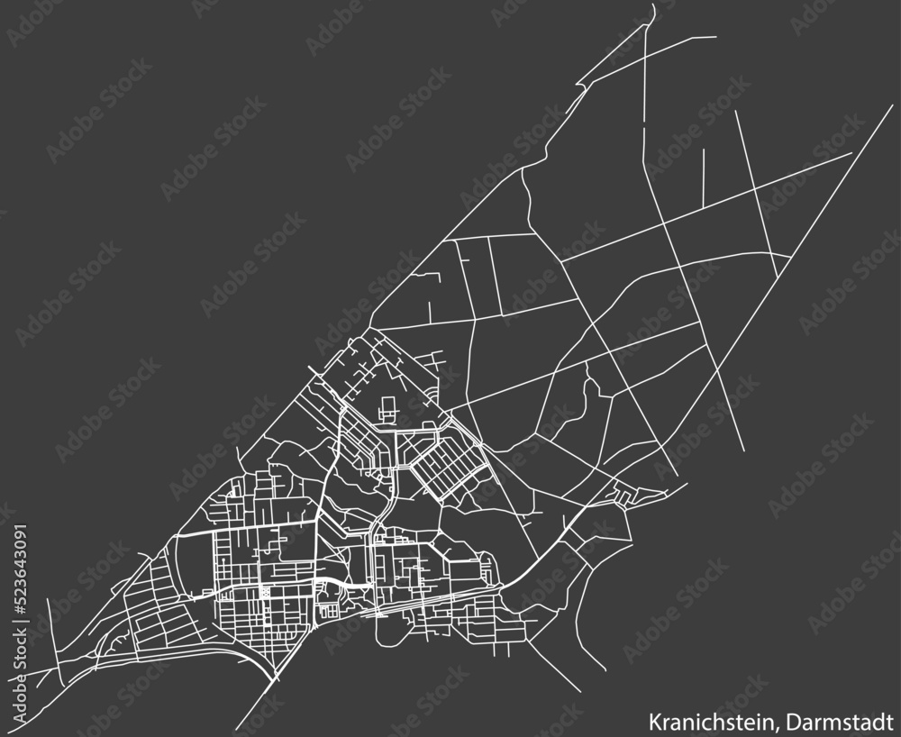 Obraz premium Detailed negative navigation white lines urban street roads map of the KRANICHSTEIN DISTRICT of the German regional capital city of Darmstadt, Germany on dark gray background