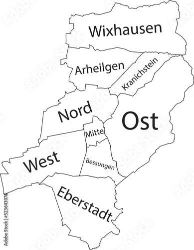 White flat vector administrative map of DARMSTADT, GERMANY with name tags and black border lines of its districts