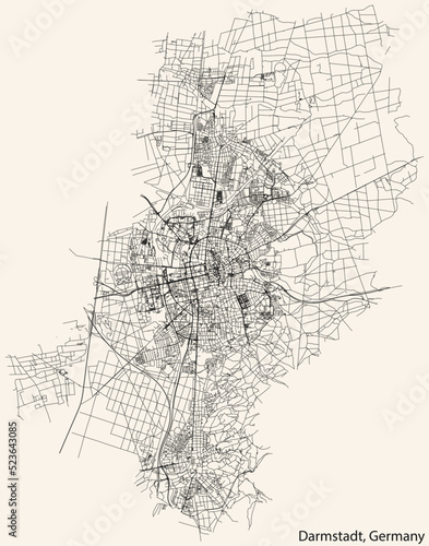 Detailed navigation black lines urban street roads map of the German regional capital city of DARMSTADT, GERMANY on vintage beige background