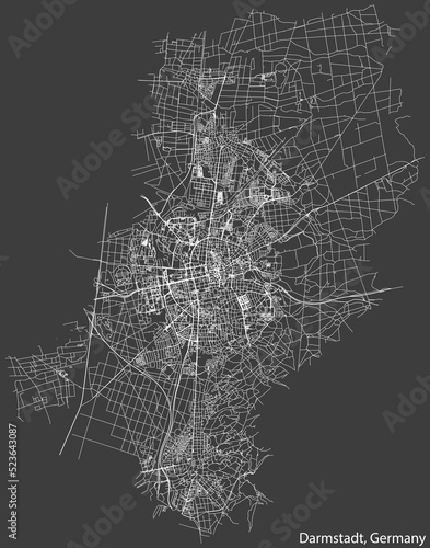 Detailed negative navigation white lines urban street roads map of the German regional capital city of DARMSTADT, GERMANY on dark gray background