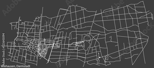 Detailed negative navigation white lines urban street roads map of the WIXHAUSEN DISTRICT of the German regional capital city of Darmstadt, Germany on dark gray background