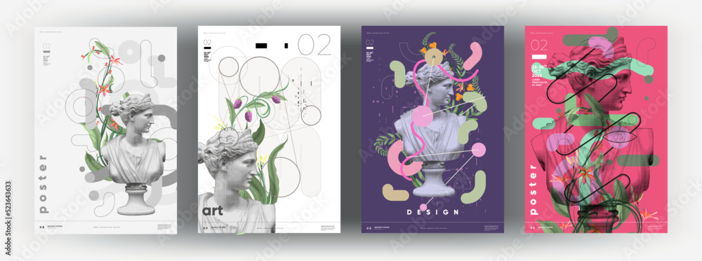 Obraz premium Art posters for the exhibition. A set of vector illustrations. Sculpture and plants. Painting in a modern style with classical elements.