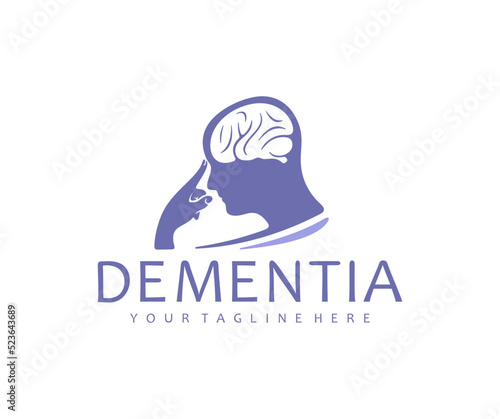Dementia, human head with brain, mental health, logo design. Health care, psychological help, psychiatry, depression and therapy, vector design and illustration