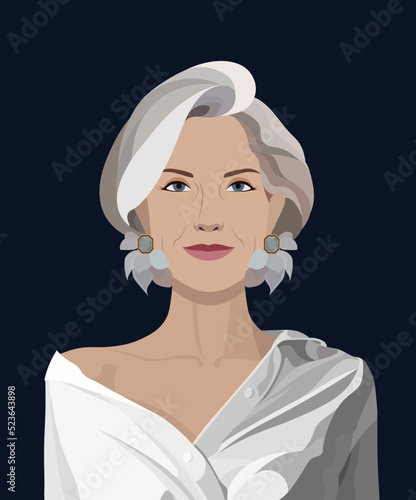 Portrait of an older woman. Avatar of an elderly lady. Portrait of a fashionable grandmother for social media. Face of a happy retired lady. Stock vector illustration in flat style.