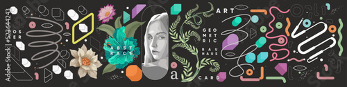 Abstract geometric objects, tropical plants, vector portrait of a girl. Set of art elements for design. Vector illustrations. Bauhaus and Memphis style.