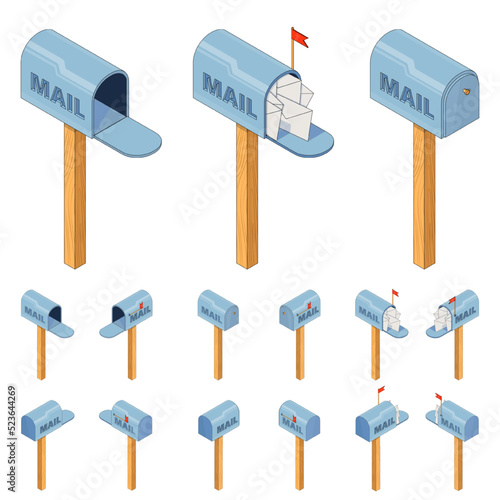 Mailbox. 3D isometry, isolate. An image of a mailbox with the inscription mail. A large set of vector images in different angles. Illustration in cartoon style. A metal box with letters and a flag.
