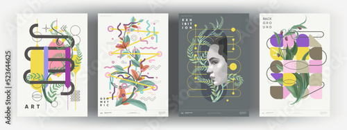 Trendy abstract art templates with floral and geometric elements. Vector fashion backgrounds. Paintings for interior. Women's faces in flowers. Suitable for social media posts, cover, banners design.
