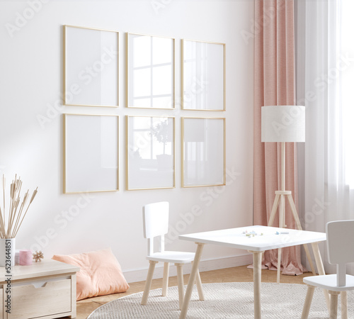 Mock up frame in warm colored girl bedroom interior, 3D render © artjafara