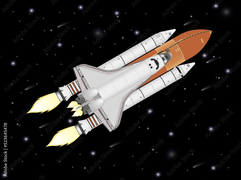 Space shuttle flight in outer space. Vector illustration.
