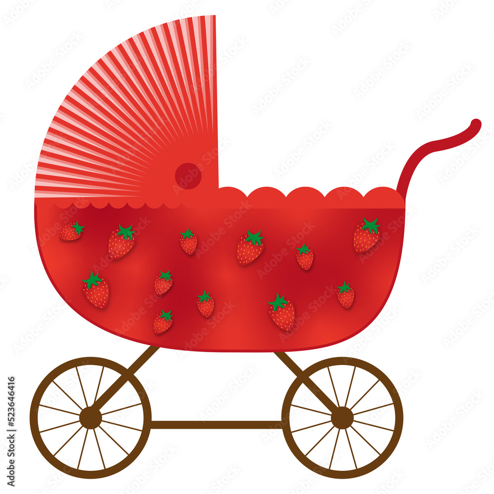 truskawka wózek dla dzieci dziecięcy bebe bobas lalka koła zielony clipart - obrazy, fototapety, plakaty 