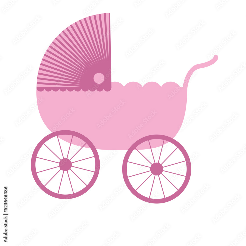 wózek dla dzieci dziecięcy dziewczynka lalka koła róż clipart - obrazy, fototapety, plakaty 