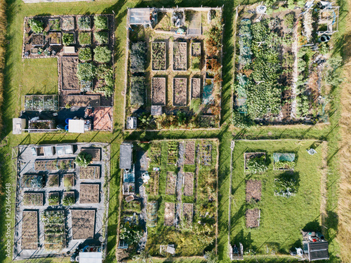 Aerial view of allotments for vegetable gardening in West Yorkshire. Shot by drone.