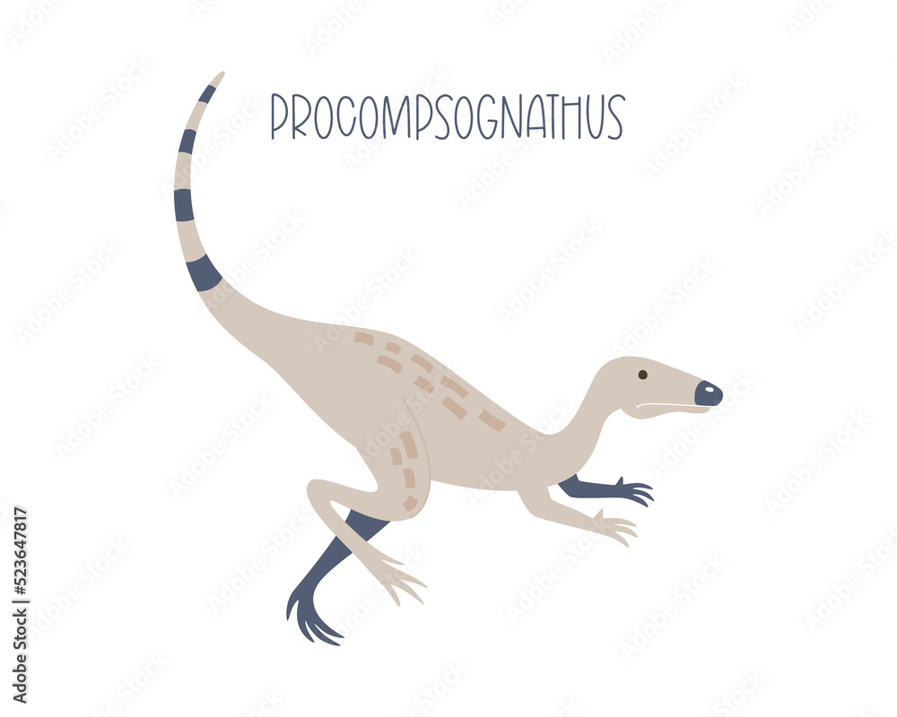Cute dinosaur procompsognathus isolated on white background. Vector illustration of wild animal
