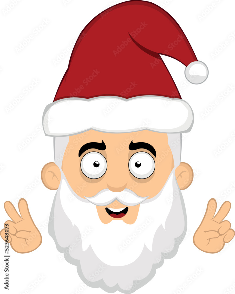 Vector illustration of the face of a cartoon Santa Claus making the classic gesture of love and peace or v victory with his hands Vector illustration of the face of a cartoon Santa Claus making the classic gesture of love and peace or v victory with his hands