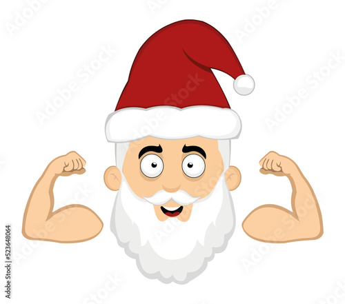 Vector illustration of the face of a cartoon santa claus showing the biceps of the arms