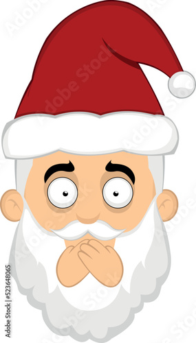 Vector illustration of the face of a cartoon santa claus covering his mouth with his hands
