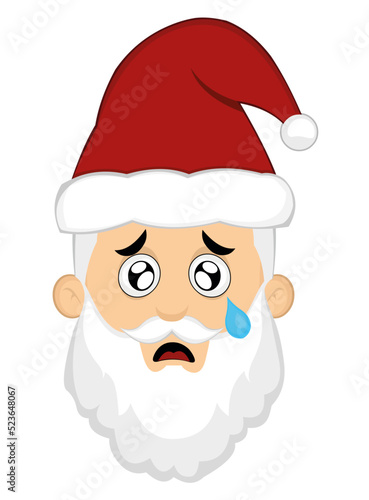 Vector illustration of a cartoon santa claus face with a sad expression, crying and a tear falling from his eye

