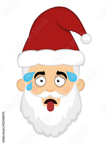 Vector illustration of the face of an exhausted cartoon Santa Claus with his tongue out and beads of sweat on his head

