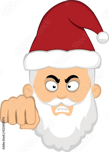 Vector illustration of the face of a cartoon santa Claus with an angry expression and giving a fist bump
