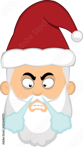 Vector illustration of a cartoon Santa Claus face with an angry expression and fuming by the nose