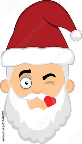 Vector illustration of the face of a cartoon Santa Claus giving a heart shaped kiss