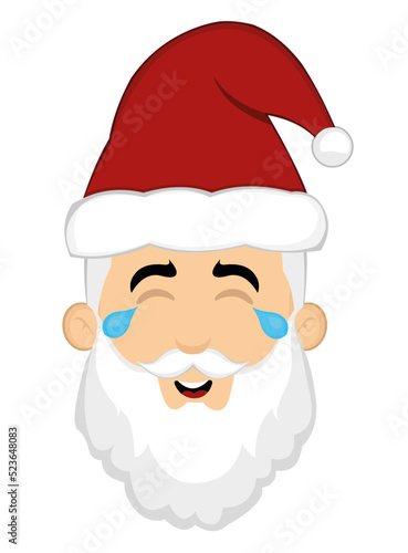 Vector illustration of the face of a cartoon Santa Claus with a happy expression, with tears of joy and laughs