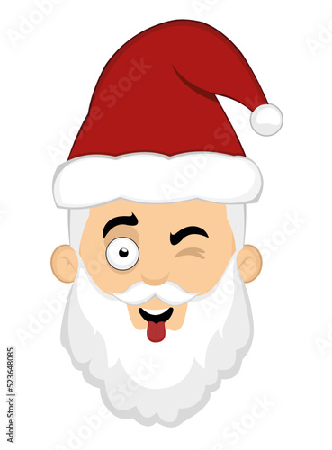 Vector illustration of the face of a cartoon santa claus winking and with his tongue out