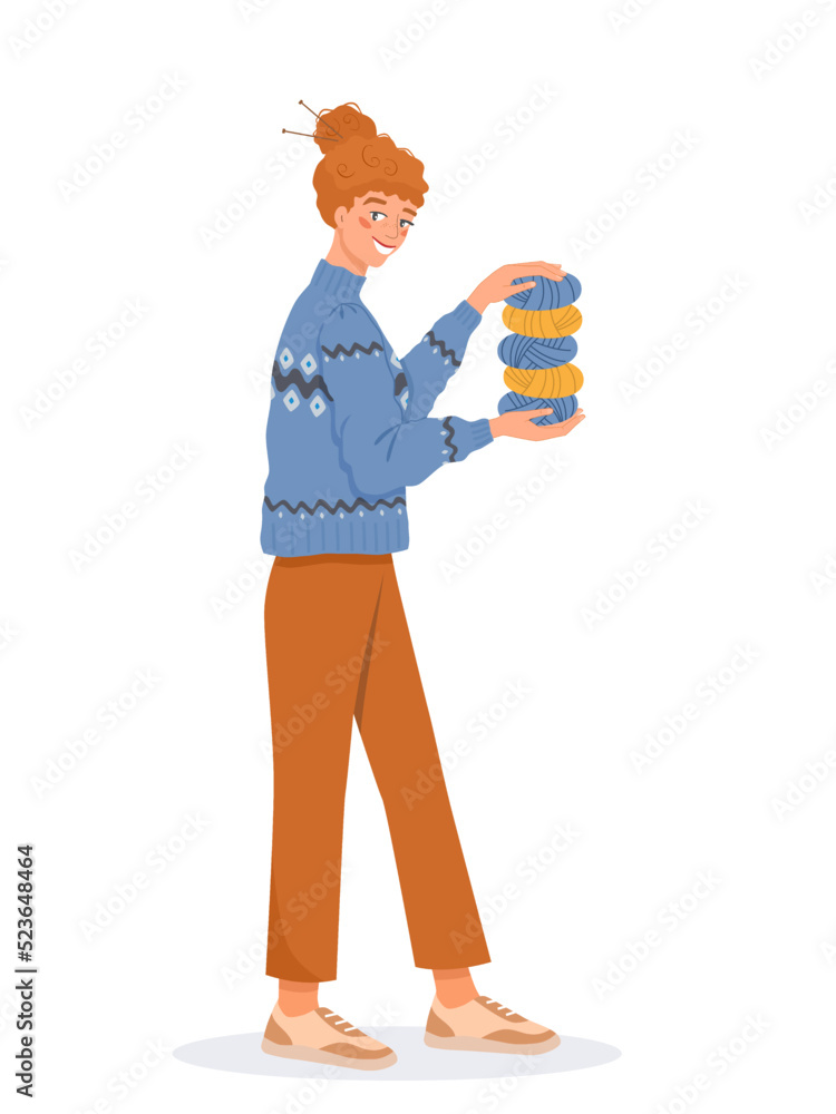 Young woman in cozy Scandinavian blue wool sweater holds multi-colored skeins of yarn in her hands. Crochet and knitting concept. Vector illustration in flat style on white isolated background. Young woman in cozy Scandinavian blue wool sweater holds multi-colored skeins of yarn in her hands. Crochet and knitting concept. Vector illustration in flat style on white isolated background.