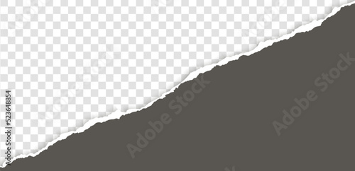 Realistic, torn, diagonal strip of gray paper with a light shadow on a transparent background. Torn cardboard.