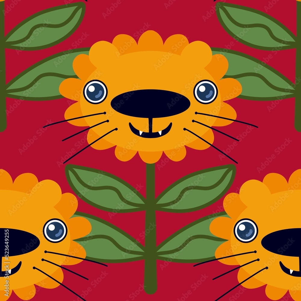 Cartoon animals seamless lion and flower pattern for kids clothes print and accessories and wrapping paper